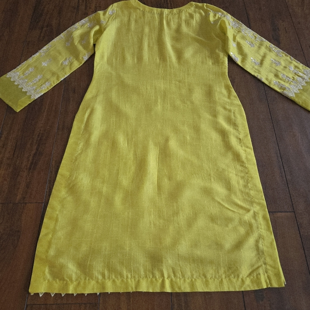 Embroidered Lime Yellow Top Shirt Long Kurti Cotton Silk Organza Size S/M - Picture 10 of 11